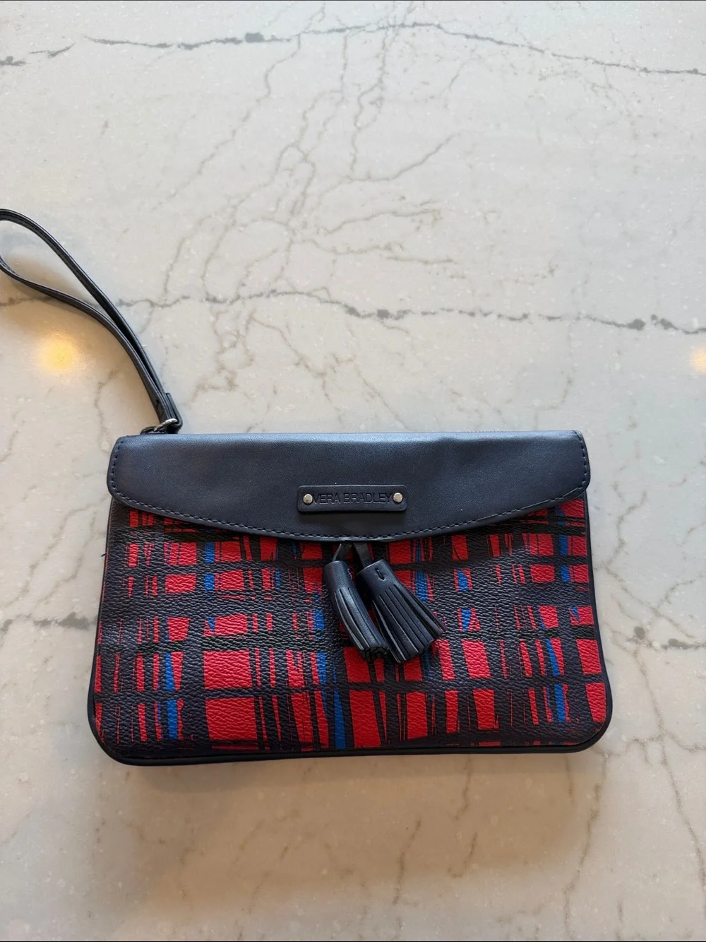Vera Bradley Red Plaid Wristlet Clutch with Navy Trim and Tassels